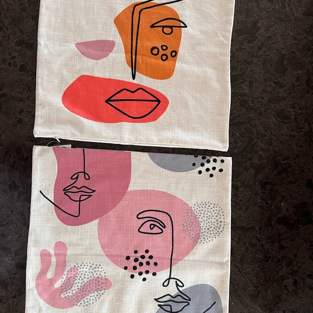 New 2 Modern Boho Abstract Face Line Drawing Print Pillow Cushion Covers